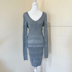 Aeropostale Sweater Dress Womens Medium Gray Pointelle Knit Henley Long Sleeve